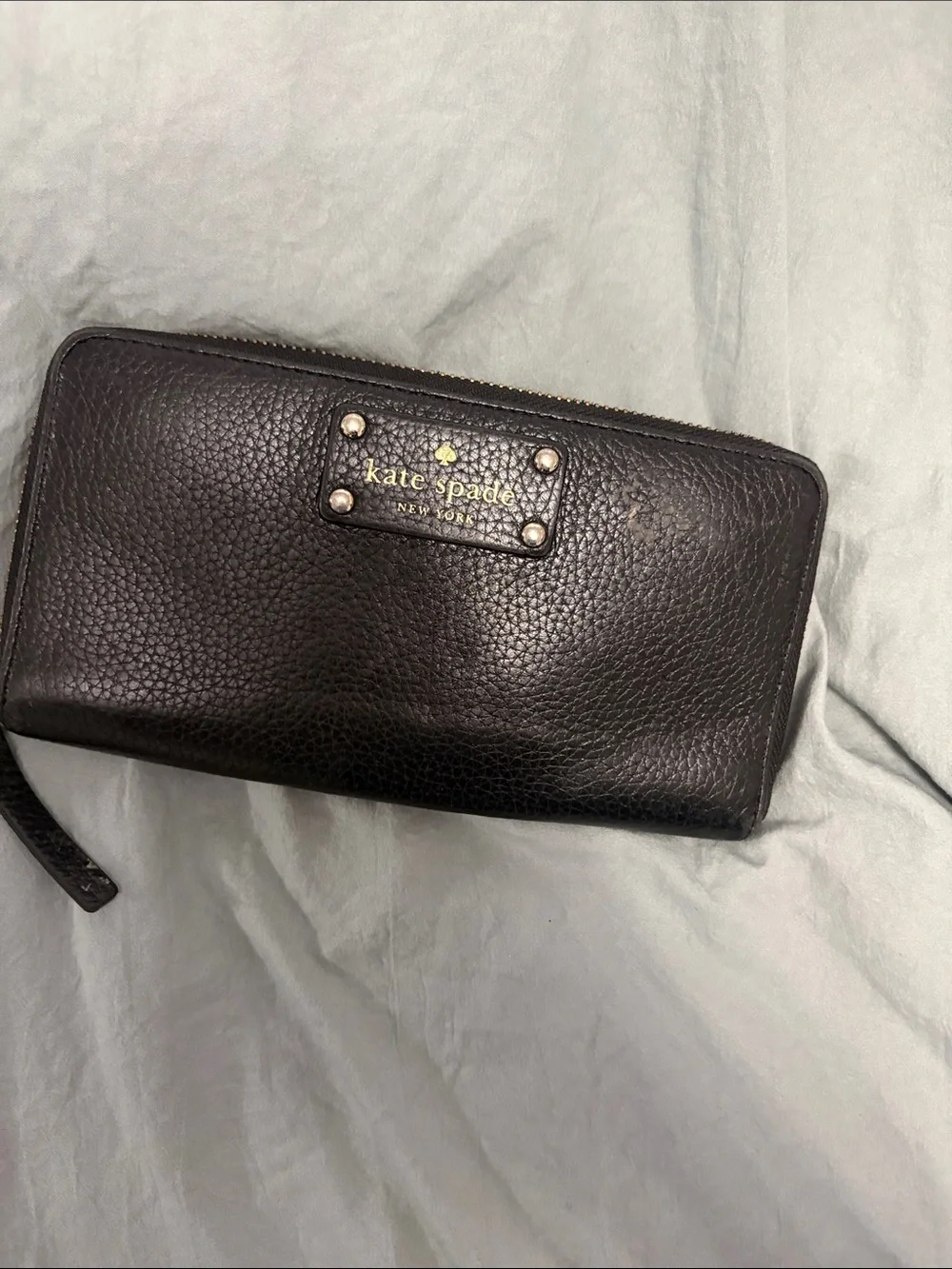kate spade Black Pebbled Leather Zip Wallet with Gold Logo Plate